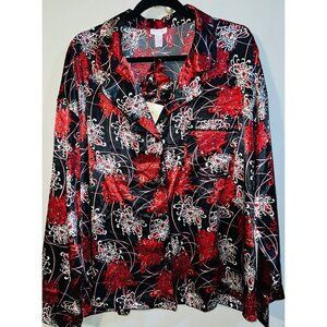 New Ambrielle Womens Floral Satin Button-Down Sleepwear  Red & Black 1X